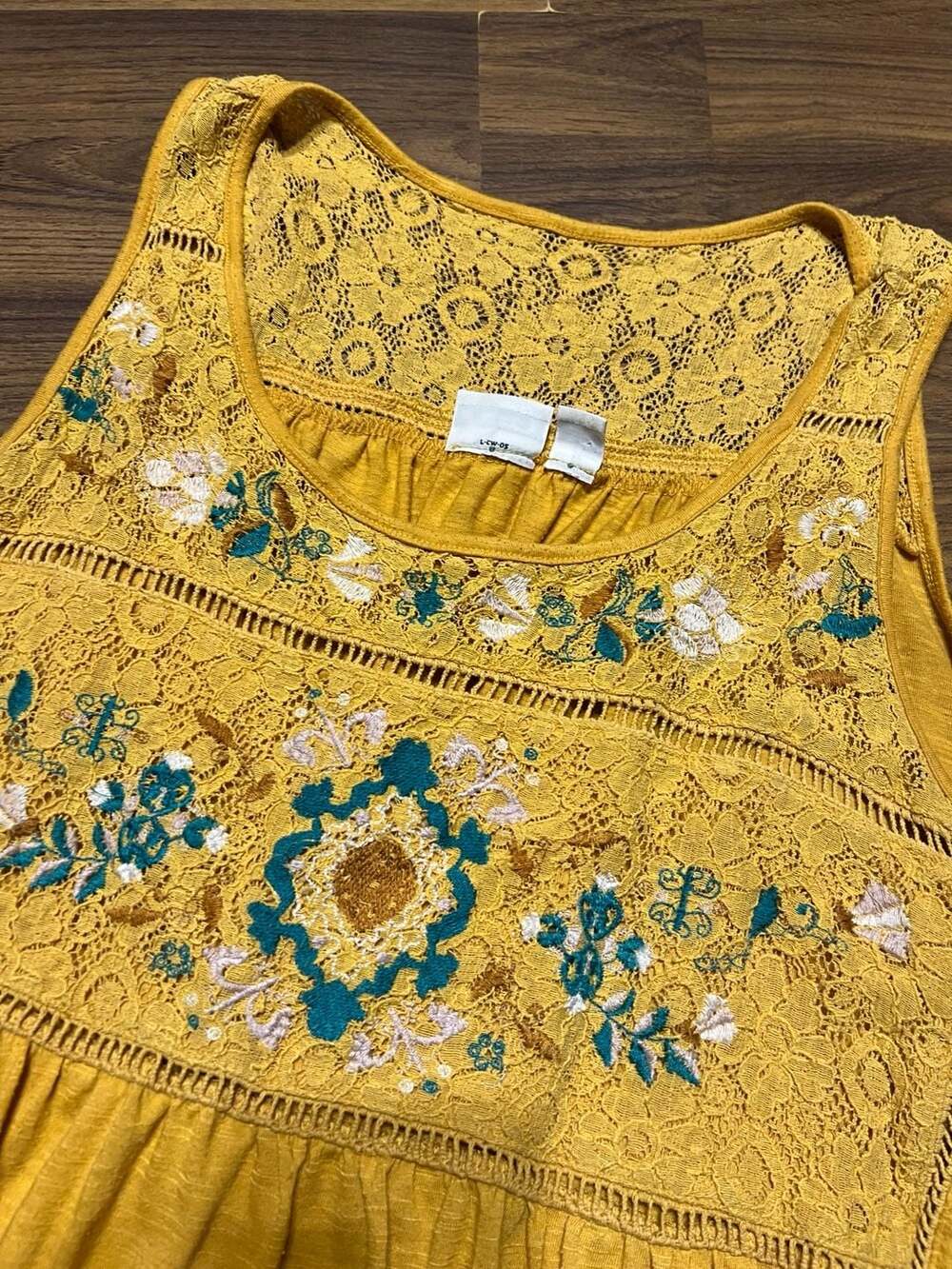 Cato Woman Mustard Yellow Sleeveless Embroidered Lace Peplum Tank Top